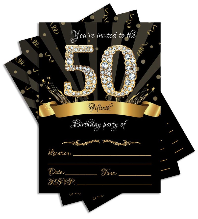 JT Studios 50th Birthday Party Invitations 5x7 Black & Gold Cards with Envelopes and Gold Metallic Pen (Pack of 25) - Image 1